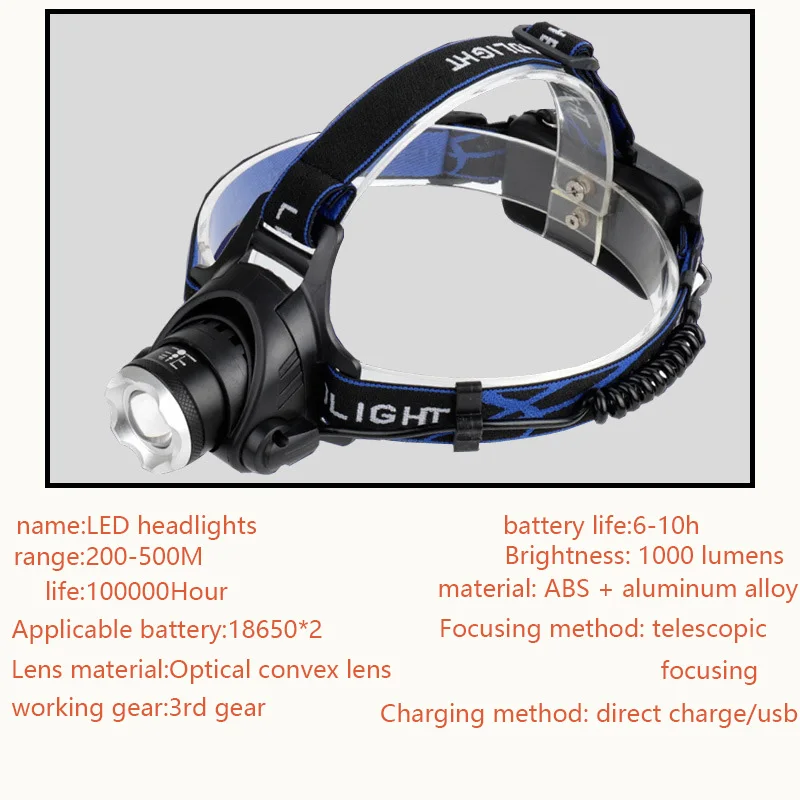 2022 hot selling LED headlight high power strong light long distance rechargeable Zoom Outdoor Lighting