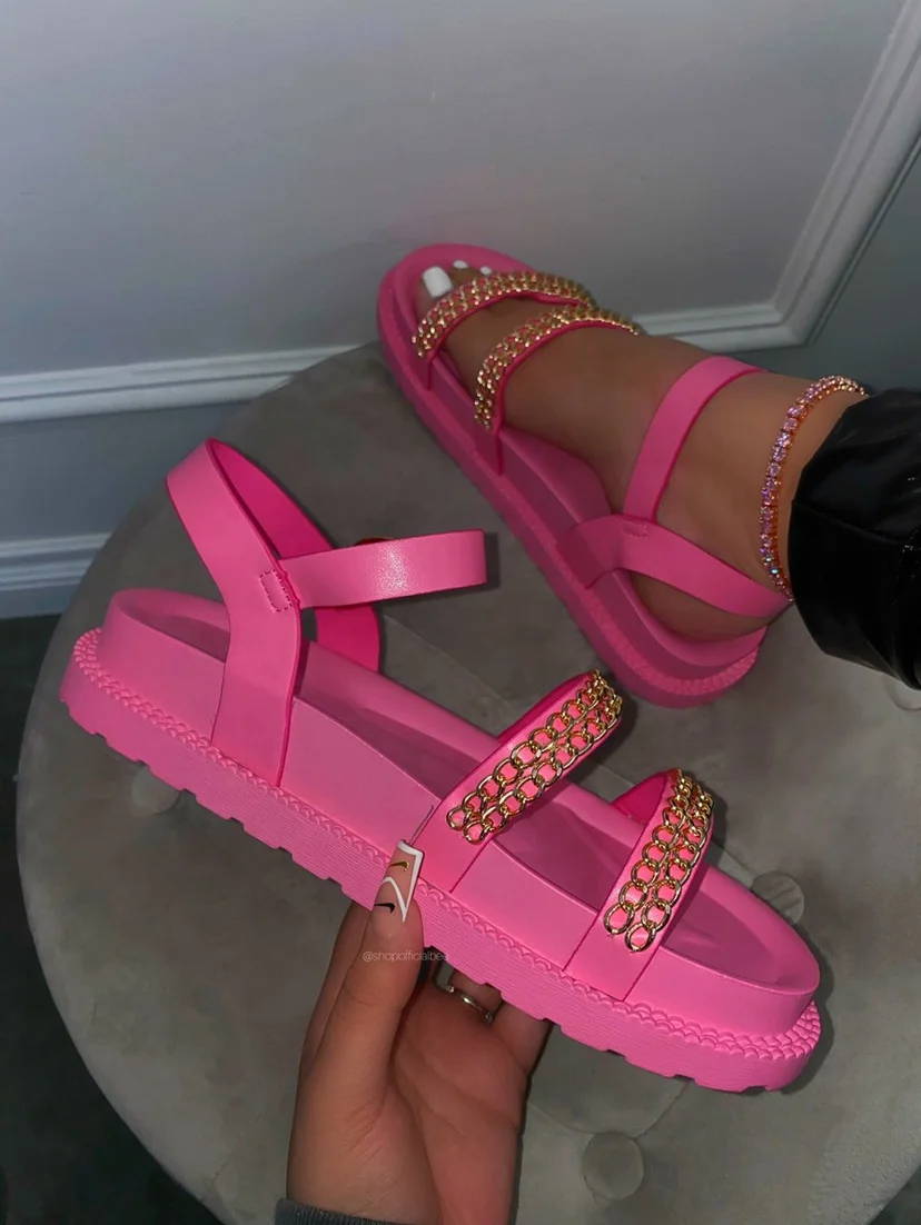 
Popular Femme Sandale Rope Flat Chain Ankle Strappy Female Footwear Cozy Orange Platform Slide Thick Outdoor Sandals 