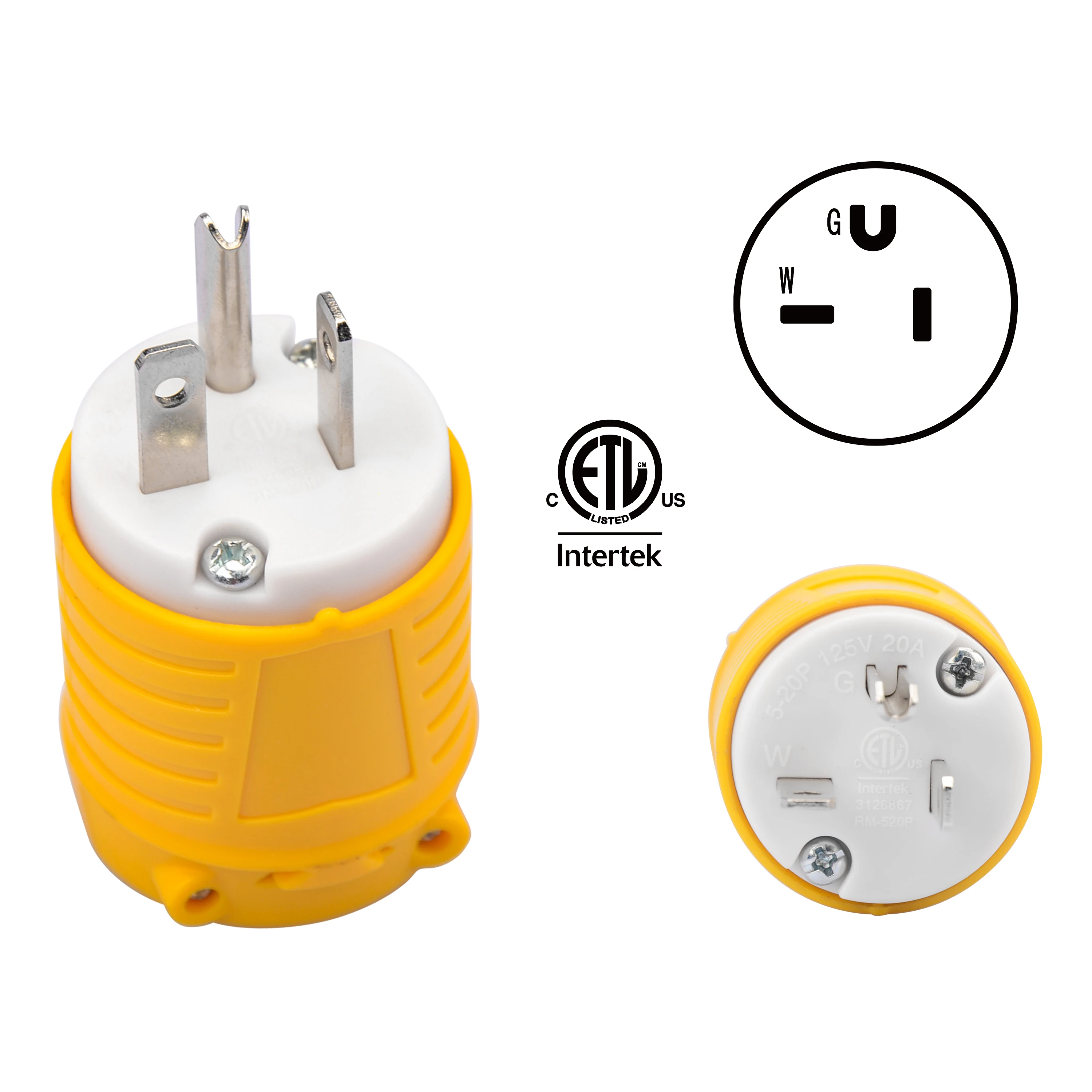 Electrical Replacement Plug, Extension Cord Ends Male Plug, NEMA 5-20P, 20 Amp 125 Volt, 2 Pole 3 Wire Grounding, ETL Listed