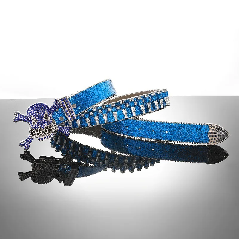 Halloween PU leather studded rivet black skull belt designer shiny punk heavy duty studded bullet rhinestone belts for cowboys