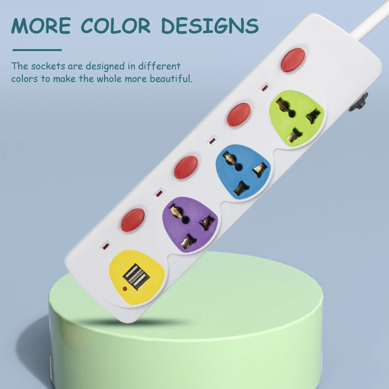 High Quality extension cord socket with USB colorful board 4way outlet Child  protection electrical power strip