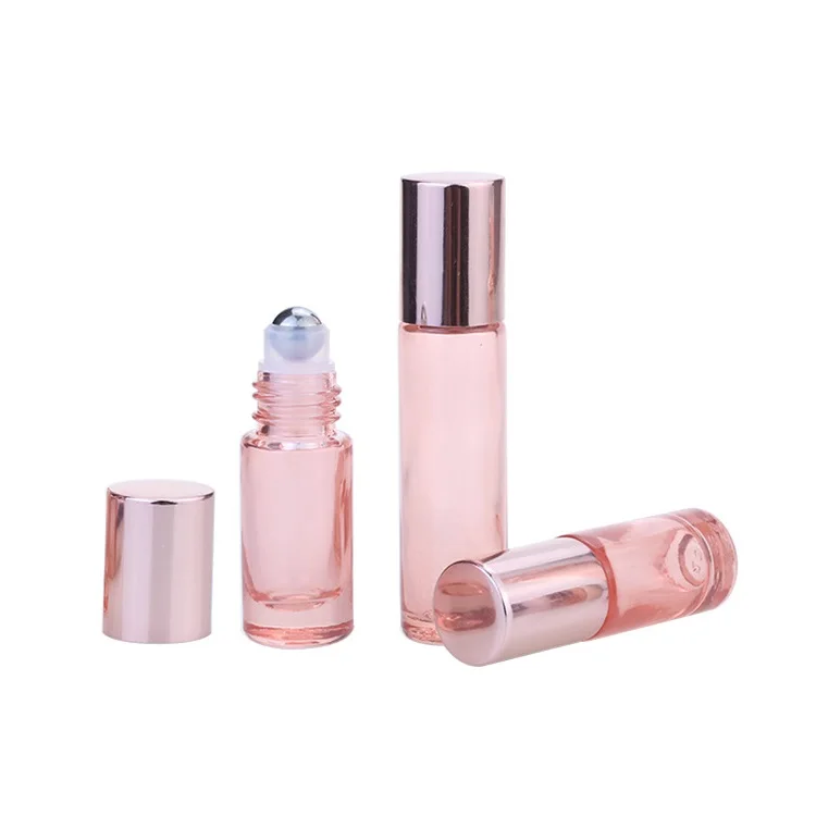 
Empty round 5ml 10ml pink and rose gold glass bottle with roller ball and shiny rose gold cap 