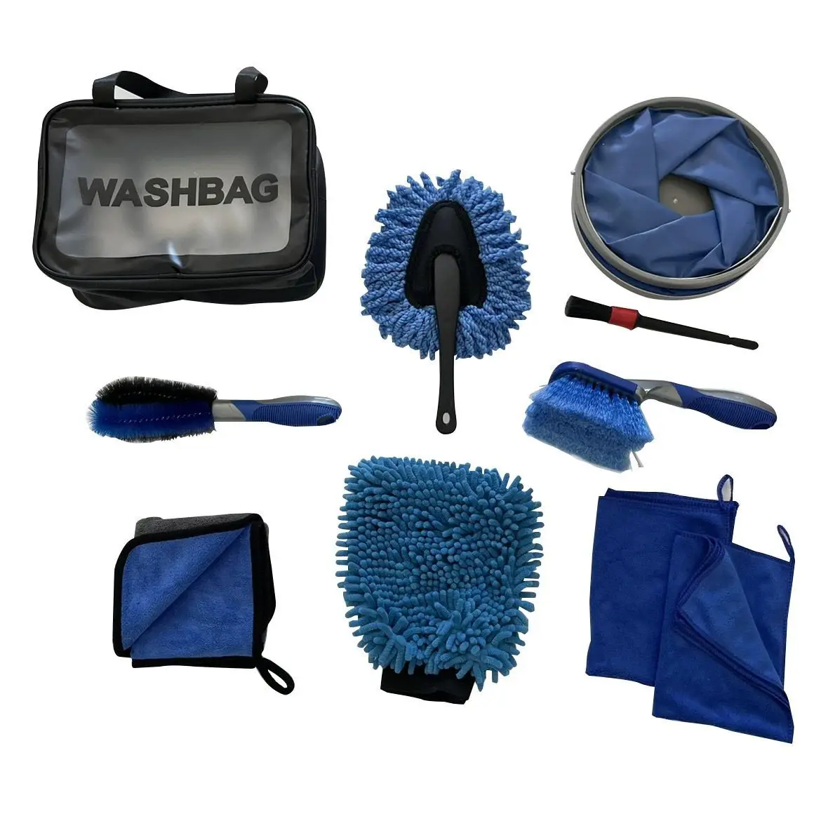 Qingle 2022 hot sell on Amazon 10 set bag pack  Car Wash Tool Kit Cleaning Sets With chenille glove  wheel brush foldable bucket