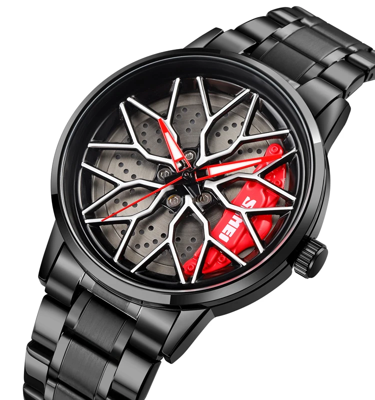 New Design Skmei 1990 Men Stainless Steel Strap Quartz Watch Car Hub Wheel Wristwatches 30M Waterproof