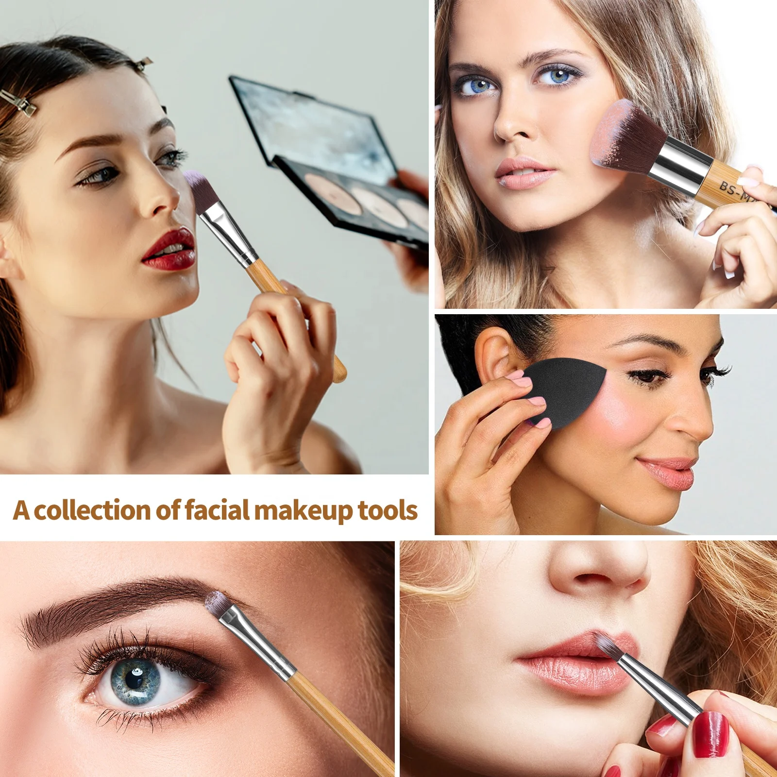 Hot Sell BS-MALL 11Pcs Vegan Bamboo Handle Face Makeup Brushes Cruelty-free Custom Logo Synthetic Makeup Brushes Makeup Sponge