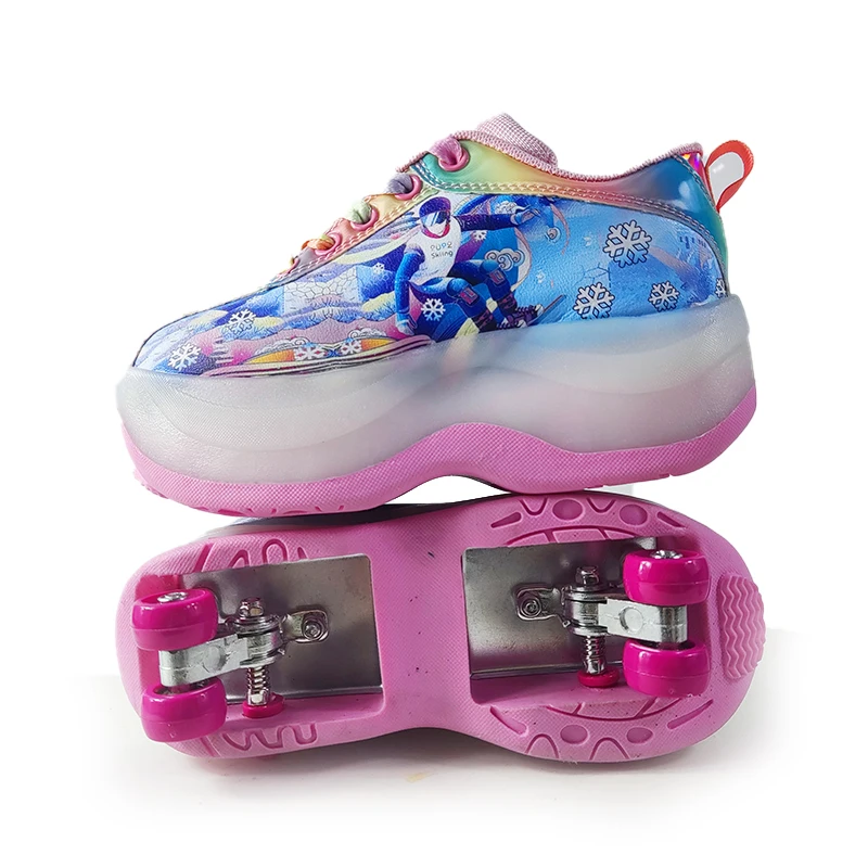 Top Light Up Children Retractable Kick Roller Skates Shoes with Retractable 4 Wheels