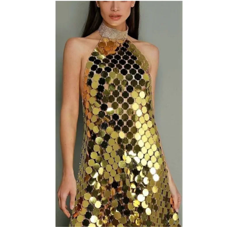 Fashionable nightclub style sequin bead patchwork dress gold silver hanging neck backless sexy dresses for women