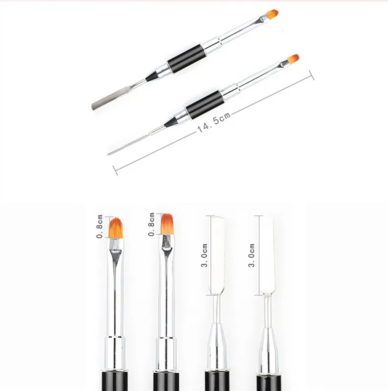 Black Metal Handle Nail Pen Double Heads Nylon Hair Gel Painting Nail Art Brush with Nail Spatula Pusher