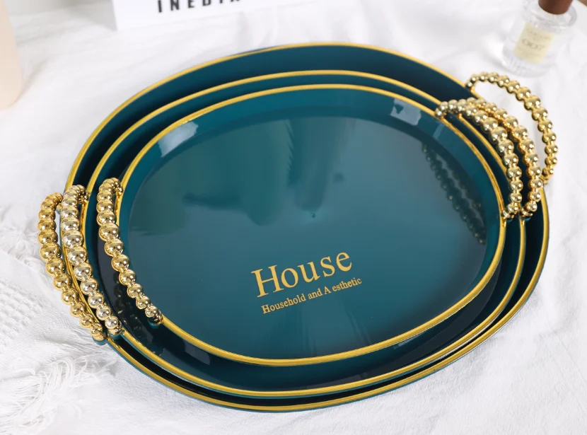 Food Grade 3PCS Plastic Tray Set Round Luxury Black Green Fruit Snack Ramadan Tray With Handle For Bar Home Party