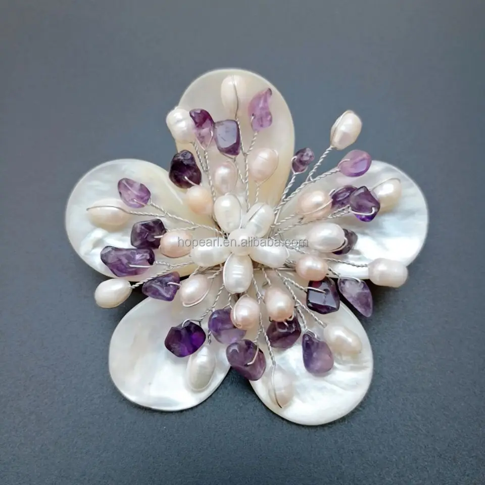 BRH37 Amethyst and Freshwater Pearls Natural White Mother of Pearl Shell Handmade Flower Brooch
