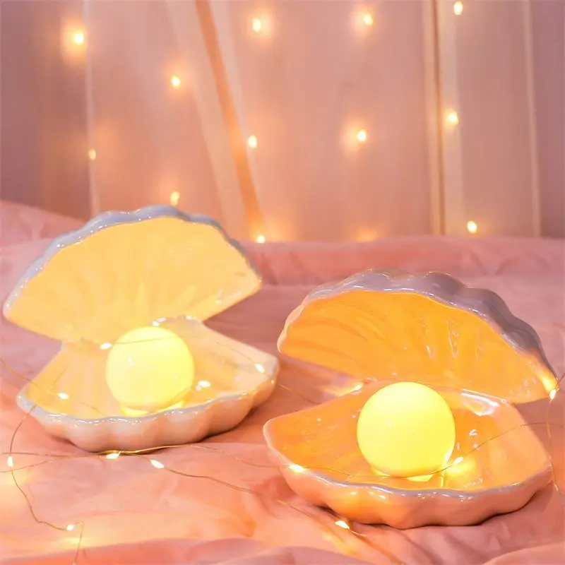 New Ceramic Shell small night light indoor tabletop decorations Jewelry storage tray Girl heart birthday gift ceramic led lights