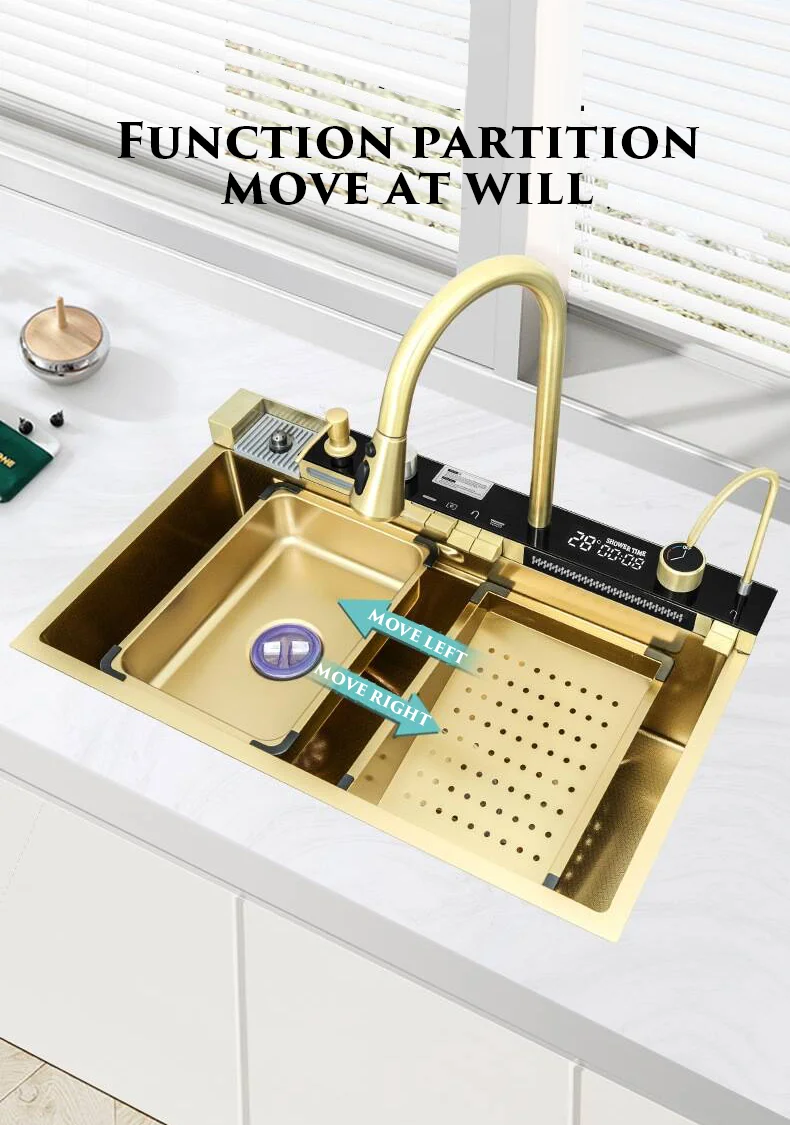 Luxury Gold Smart Kitchen Sink Nano Stainless Steel Hand Made Kitchen Sink Waterfall Kitchen Sink With Digital Display