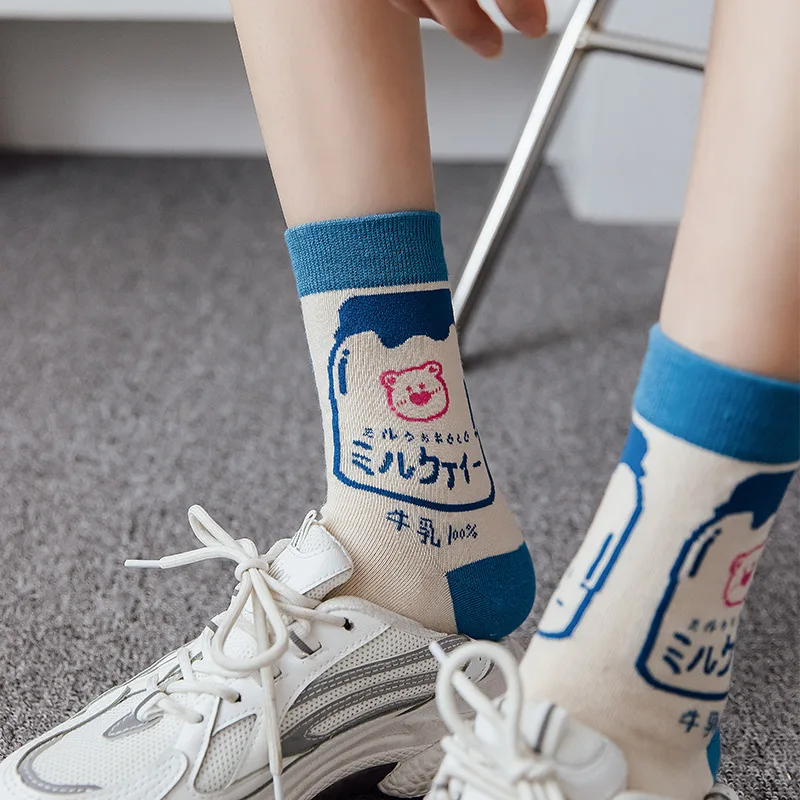 Socks female Korean spring and summer tube socks Harajuku style ins tassel cute Korean Japanese cartoon illustration student soc
