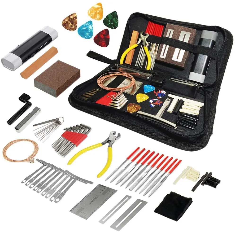 Professional Guitar Luthier Tool Kit Repair Maintenance Tool Kit with Guitar Strings Picks Bridge Pins Gauge Guitar Accessories