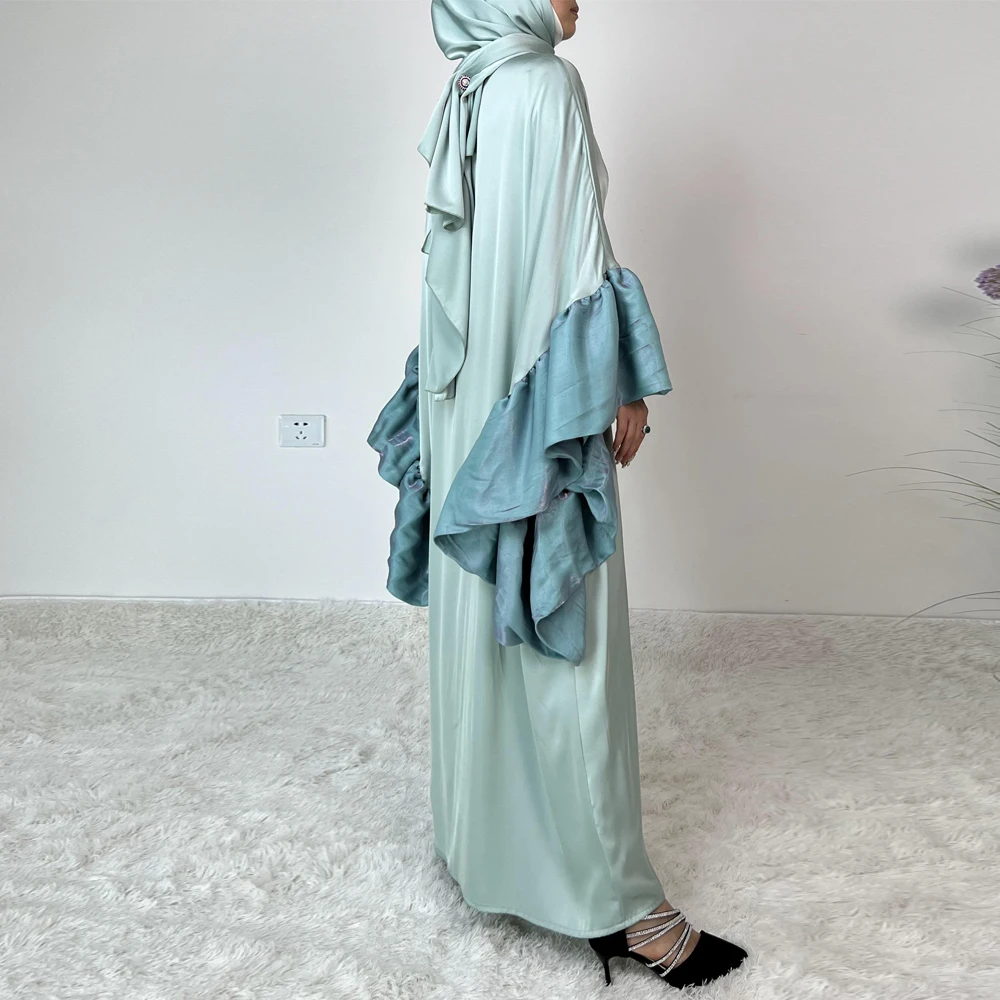 New arrival Dubai saudi arabic plain shiny satin fabric puff sleeve trending modest muslim abaya dress
