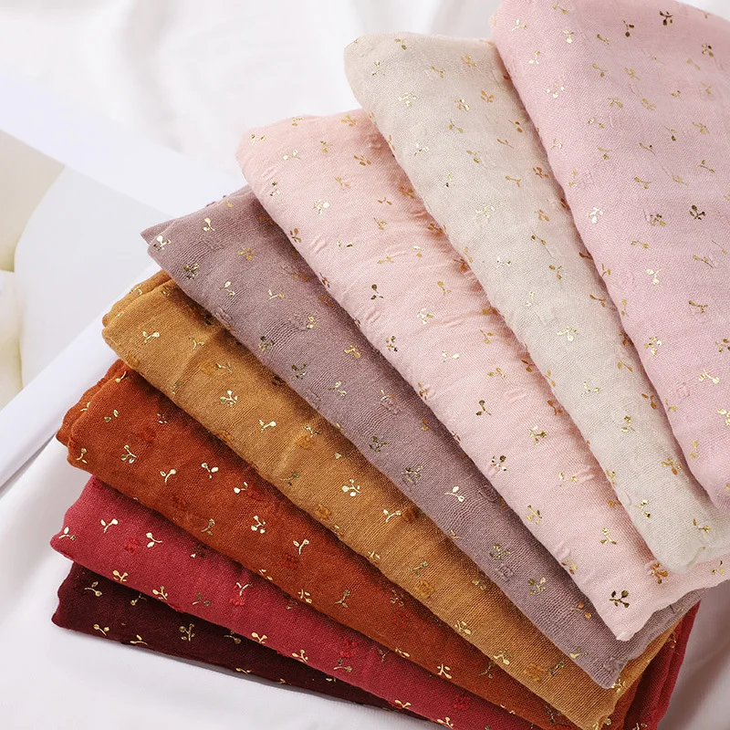 Malaysia Muslim Women Gold Foil Wrap Hijab Ladies Cotton and Linen Shining Bronzing Printing Scarf