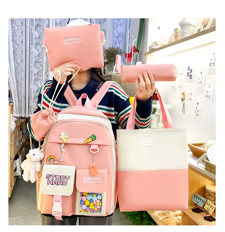 5 as One Set New Style High Junior School Bags Students Backpack Shoulder Bag for children