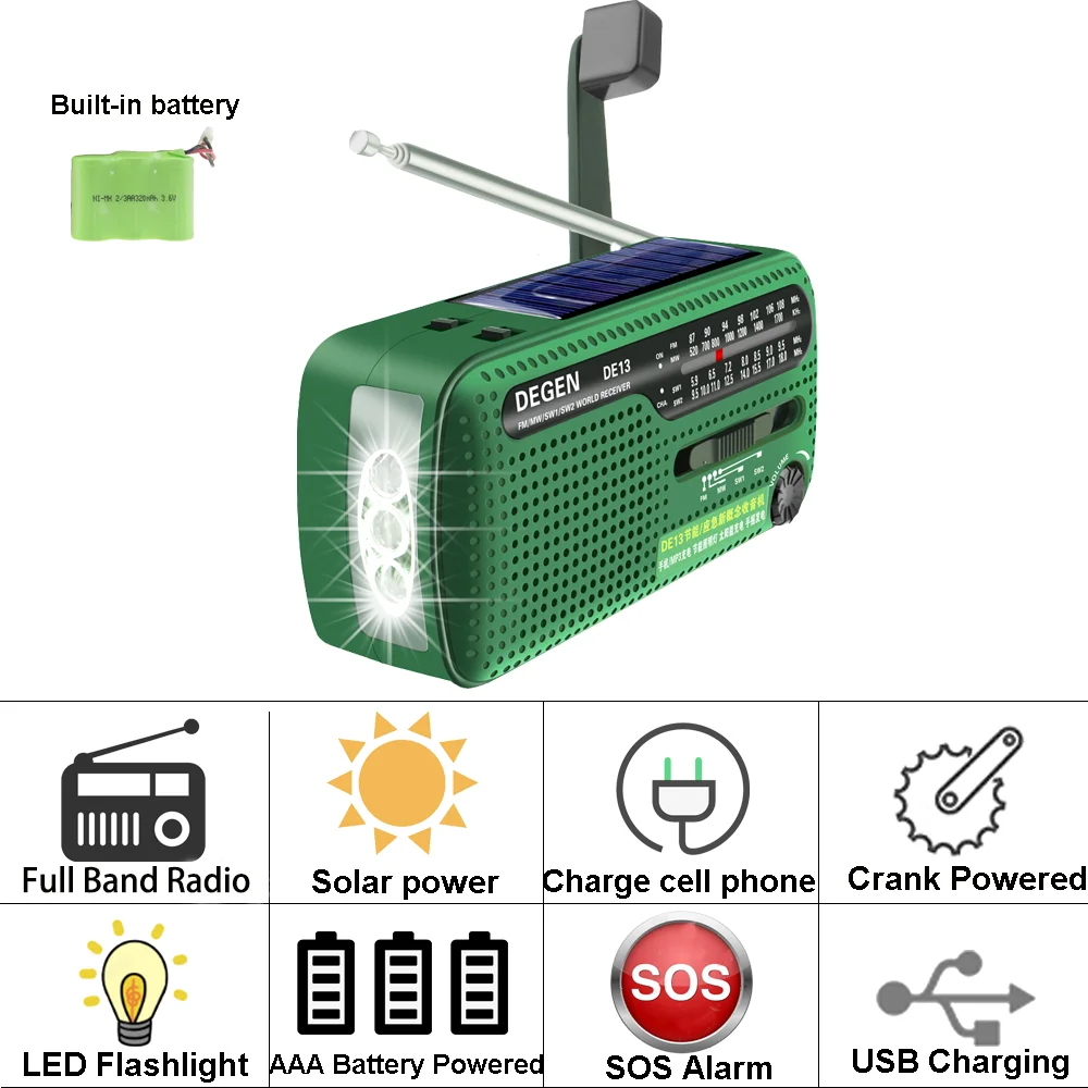 DEGEN DE13 FM AM SW Radio Crank Dynamo Solar Power Emergency Retro Radio A0798A World Receiver Portable Internet Radio