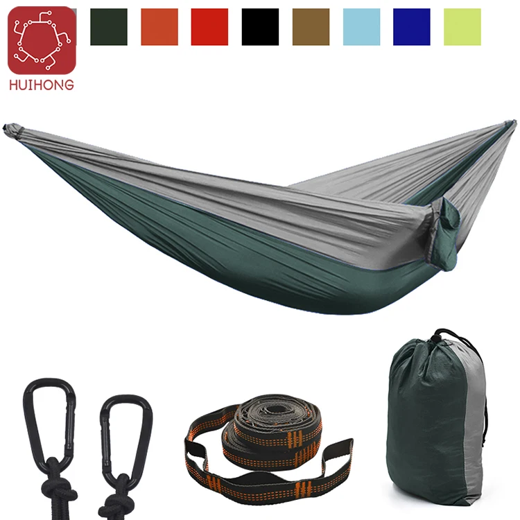 Huihong OEM parachute fabric single hammocks nylon outdoor folding hammock hanging hamac hamacas for hiking camping