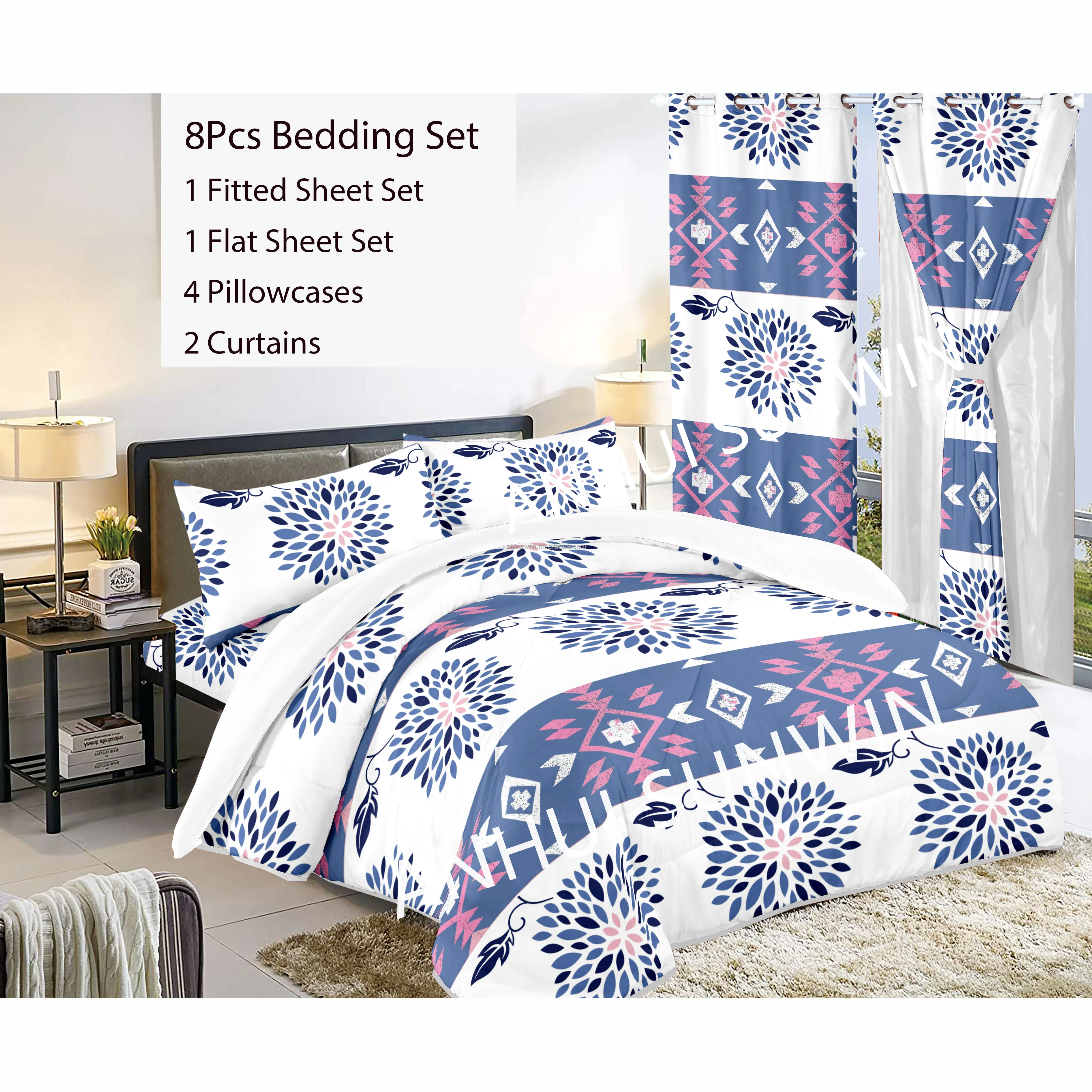 Curtain Bedding Set Nantong Factory 8Pcs Bedsheet With Matching Curtains King Cal King Size For Sales
