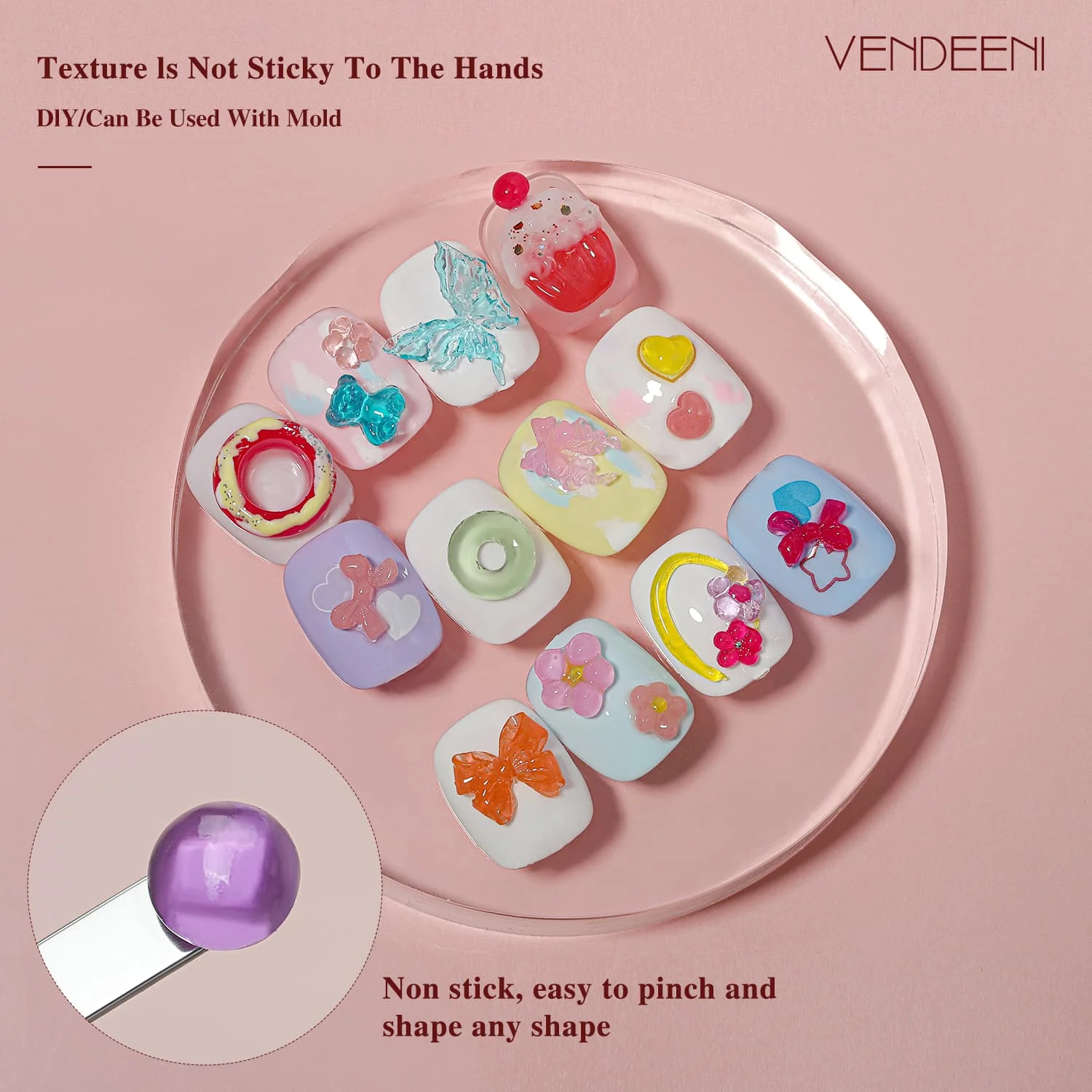 Vendeeni 12 colors rubber modelling carved gel diy shaping clay 3D jelly gel nail polish 5g non toxic gel nail art design