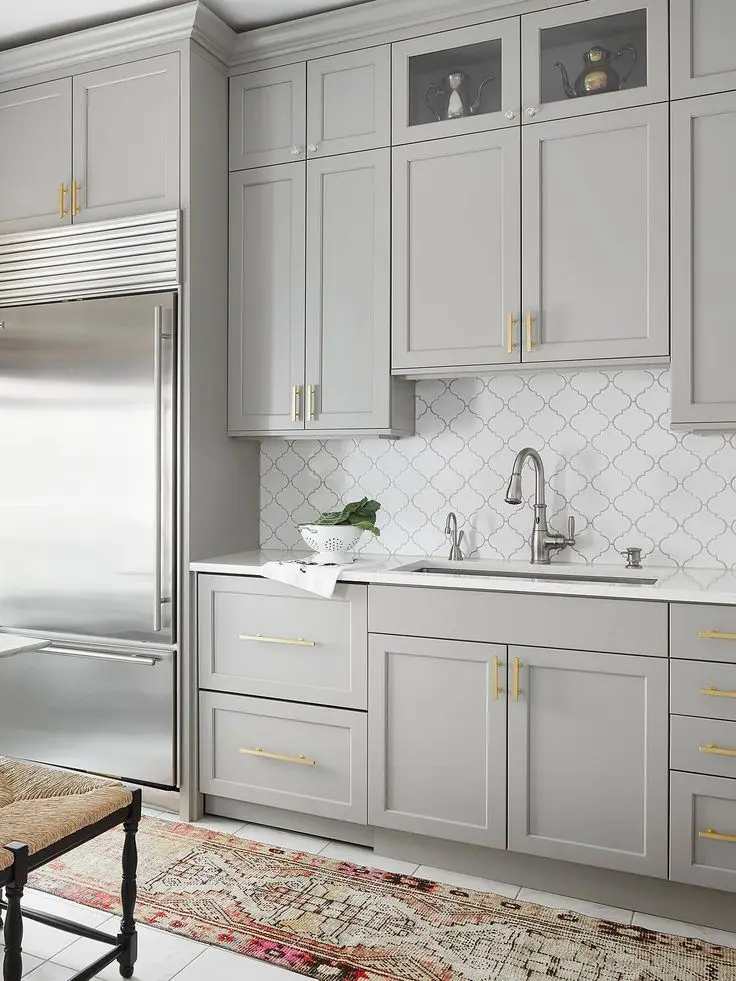 CBMmart Gray Gloss Complete Full Set White Kitchen Cabinets with Glass Door Island Countertop Modern Kitchen Furniture Model Set