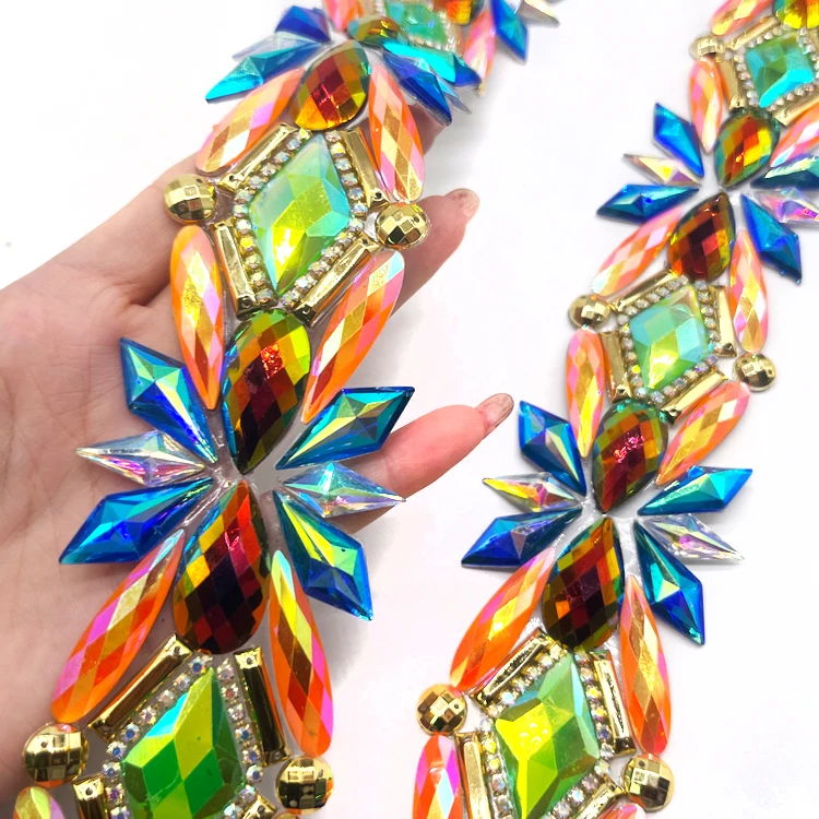 Stock available cheap styles gemstone tape resin rhinestone trims for Aruba carnival costumes manufacturer