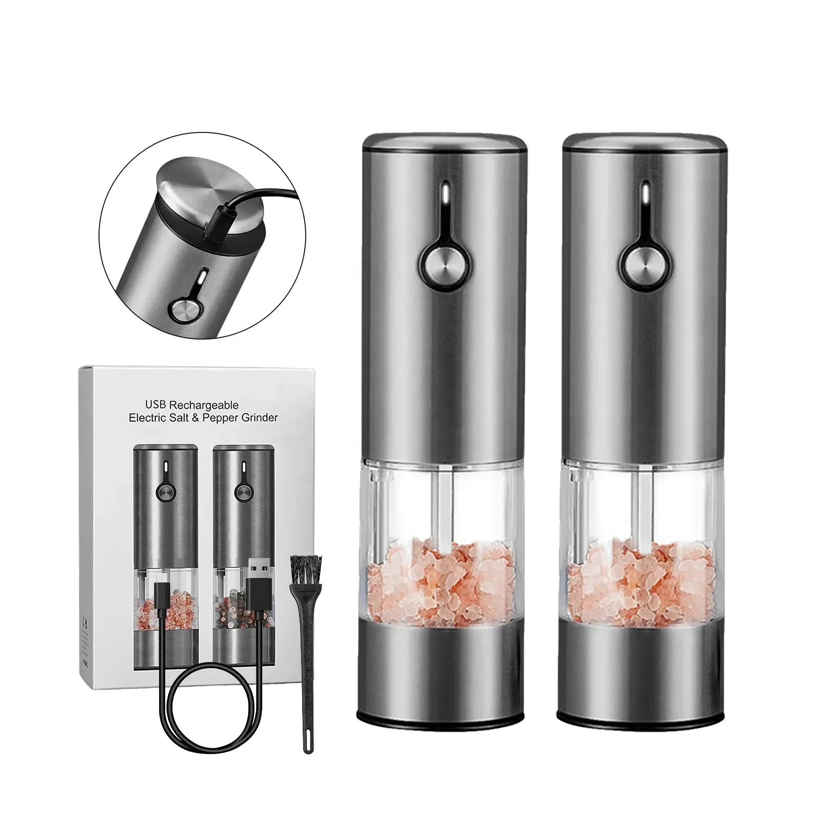 Rechargeable USB Ceramic Burr manual Spice Mill Gravity Electric Salt and Pepper Grinder with LED light