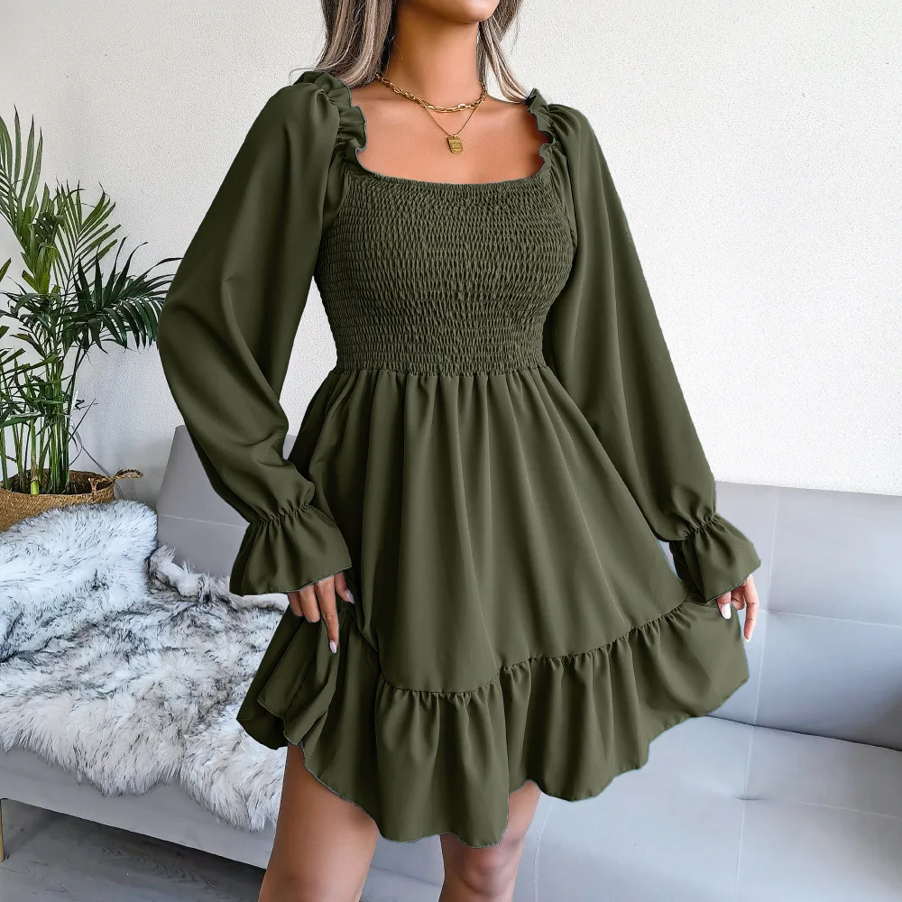 YUNNES Long Sleeves 2023 Women Clothing Pleated Fit and Flare Ladies Casual Korean Dresses
