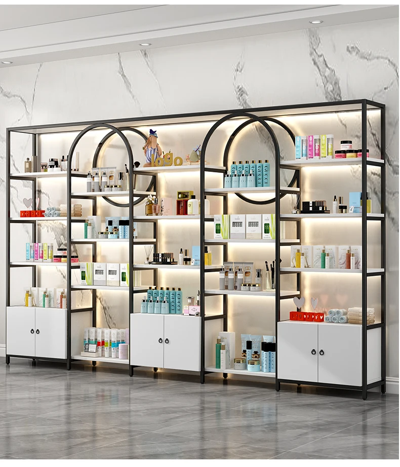Meicheng Cosmetic Display Counter Beauty Salon Makeup Nail Shelves Gold Display Shelves For Bag Retail Stores