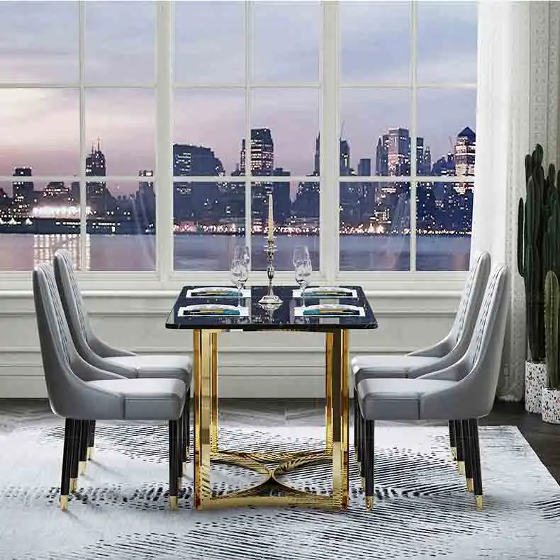Luxury Nordic European Modern Design Black Marble 4 Seater Dining Table Set 6 Chairs Console Corner Dining Room Sets Furniture