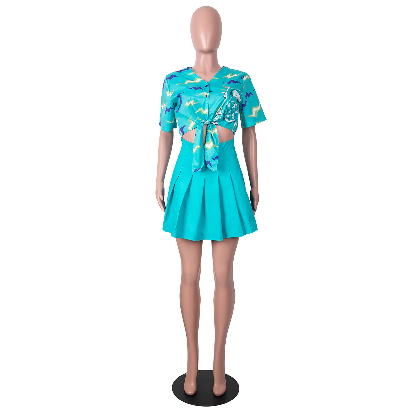 H2510  wholesale summer clothing skull print blue loose button shirt pleated fashion red sexy two piece skirt dresses