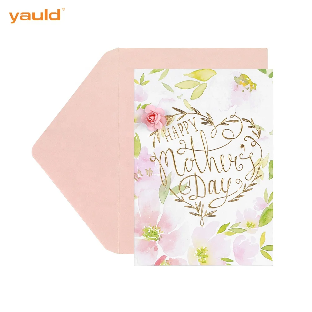 Custom Printing Handmade Rose Paper Flowers Gold Foil Happy Mothers Day Greeting Cards with And Envelopes