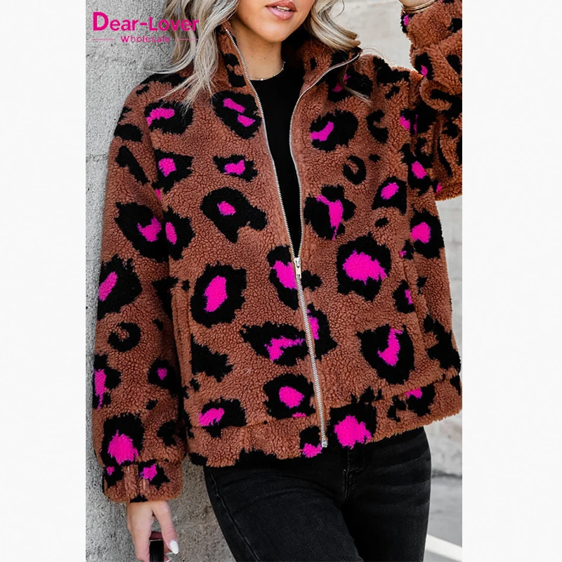 Dear-Lover Western Clothing Custom Winter Warm Leopard Zip Up Stand Collar Sherpa Teddy Women Fleece Jacket