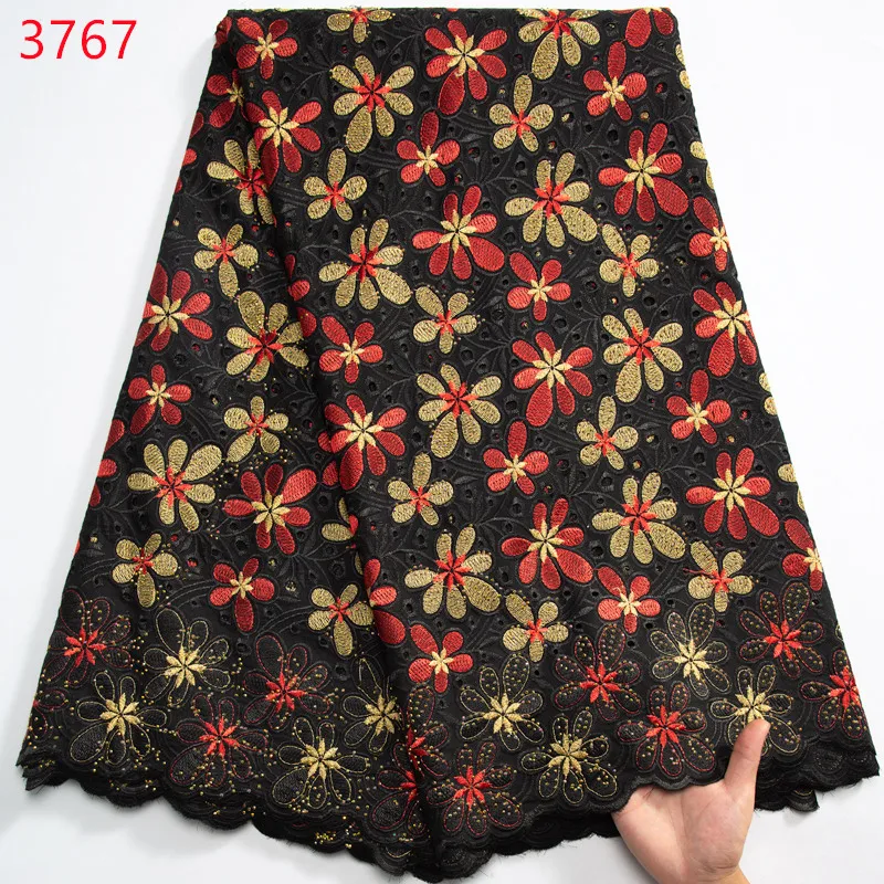 3767 High Quality Nigerian Cotton Embroidered 2024 Swiss Voile Lace 5 Yards African Lace Fabric With Crystals Dresses for Women