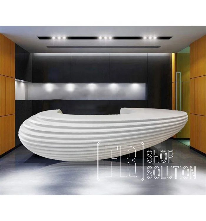 Изготовленный на заказ поли-деревянный современный белый изогнутый стол обслуживания стойки художественная