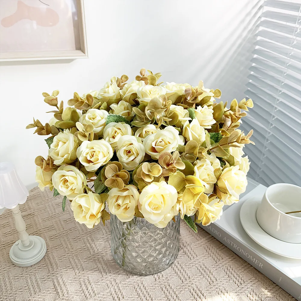 SEASON Autumn  Mini Roses Flower  with Eucalyptus Bush Wedding Decoration Flower Arrangement Artificial Rose Bouquet