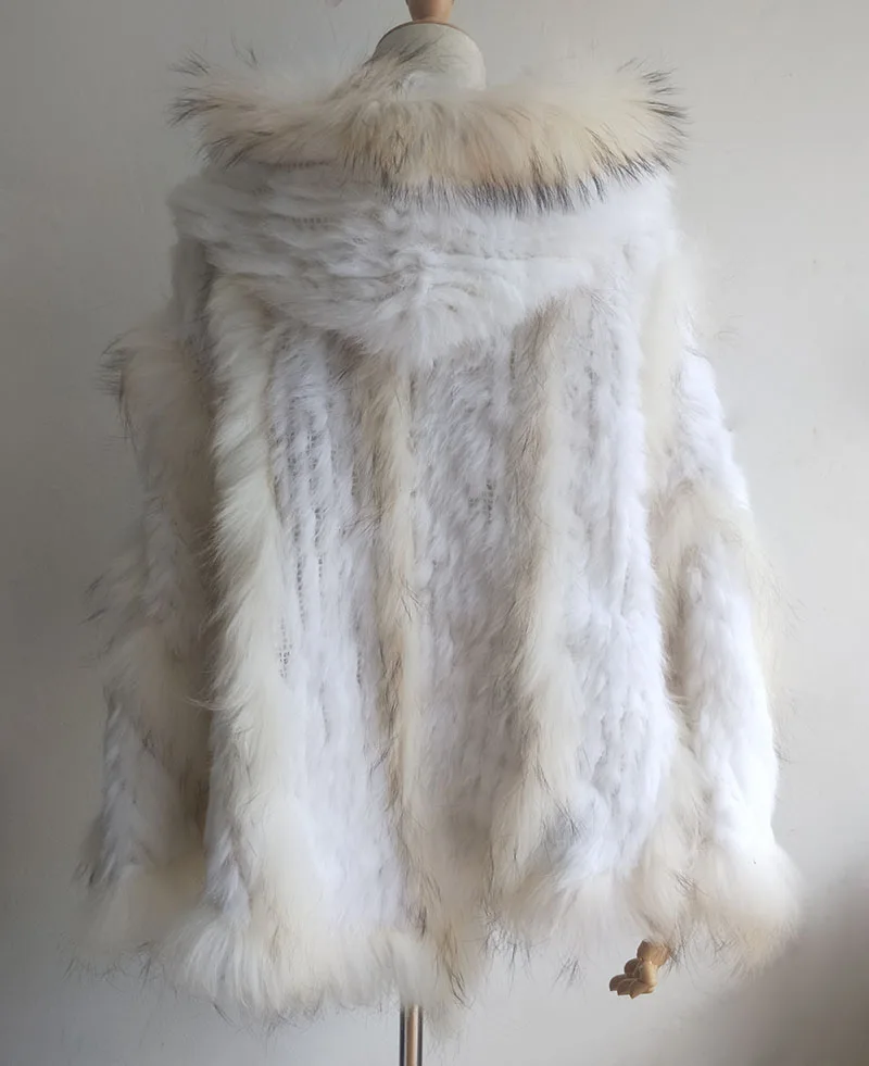 Plus Size Knitted Rabbit Fur Poncho With Hood Women 2024 Fashion Loose Real Fur Shawl Ladies Autumn Hooded Genuine Fur Ponchos