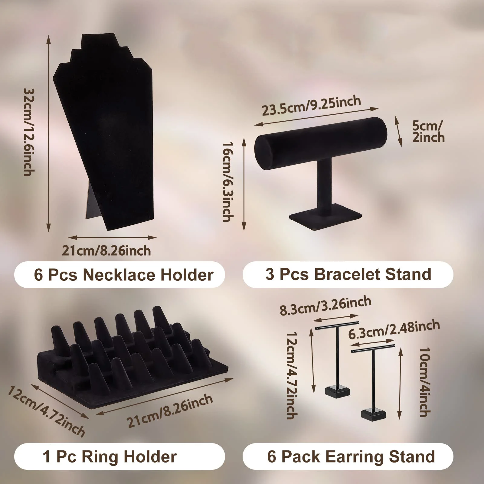 Microfiber Black Velvet Threadless Jewelry Display Earring Ring Necklace Fashion Jewelry Body Chain Display Set