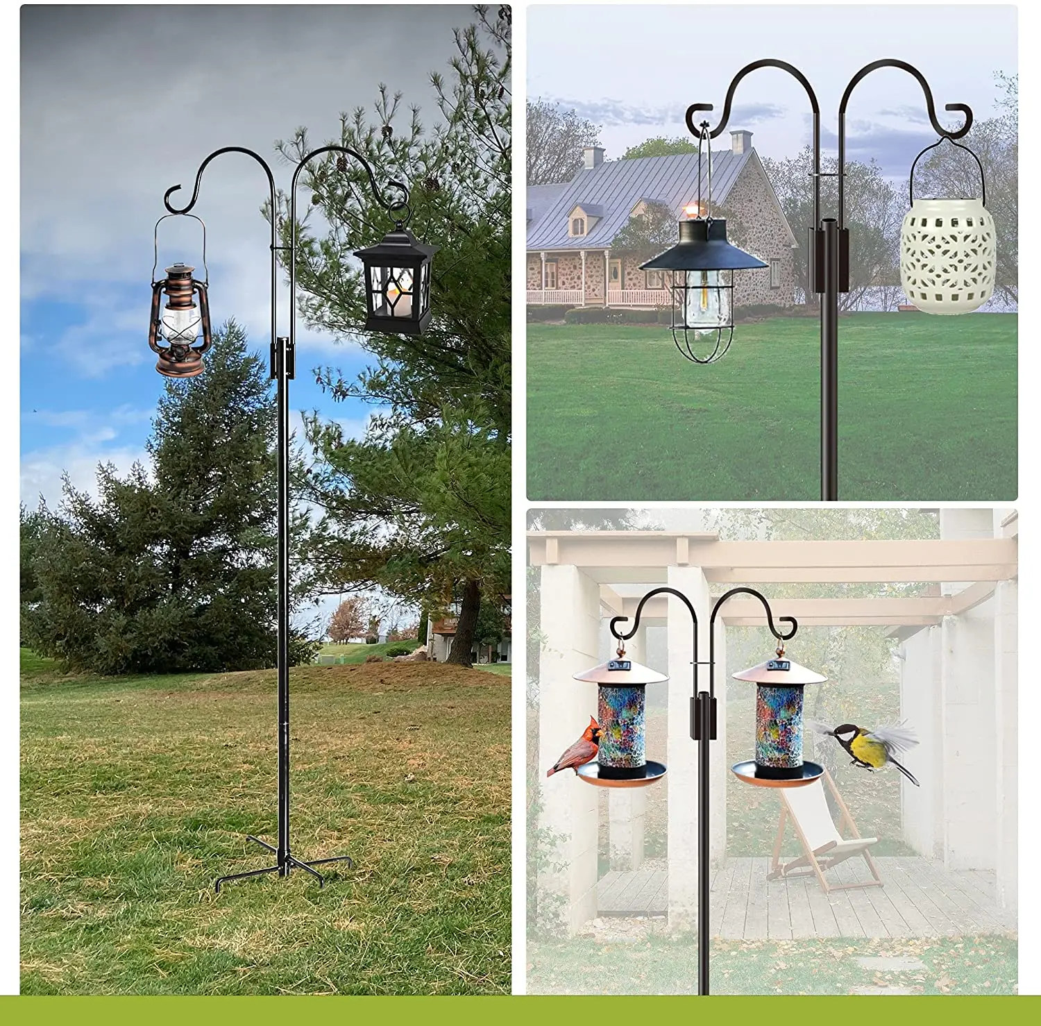 92 Inch Heavy Duty Double Sided Shepherds Hooks for Outdoor Garden Pole for Hanging Bird Feeder Plant Baskets with 5 Base Prongs