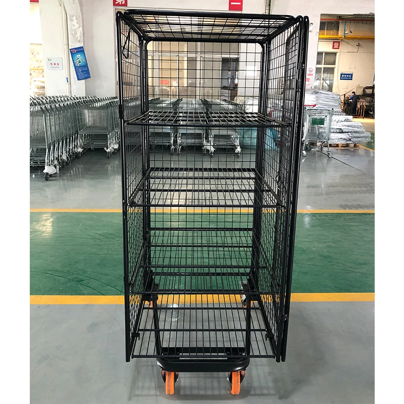 Factory Price Manufacturer Supplier Roll Container Cart Foldable Movable 3 Sides Wire Storage Cage With Layers