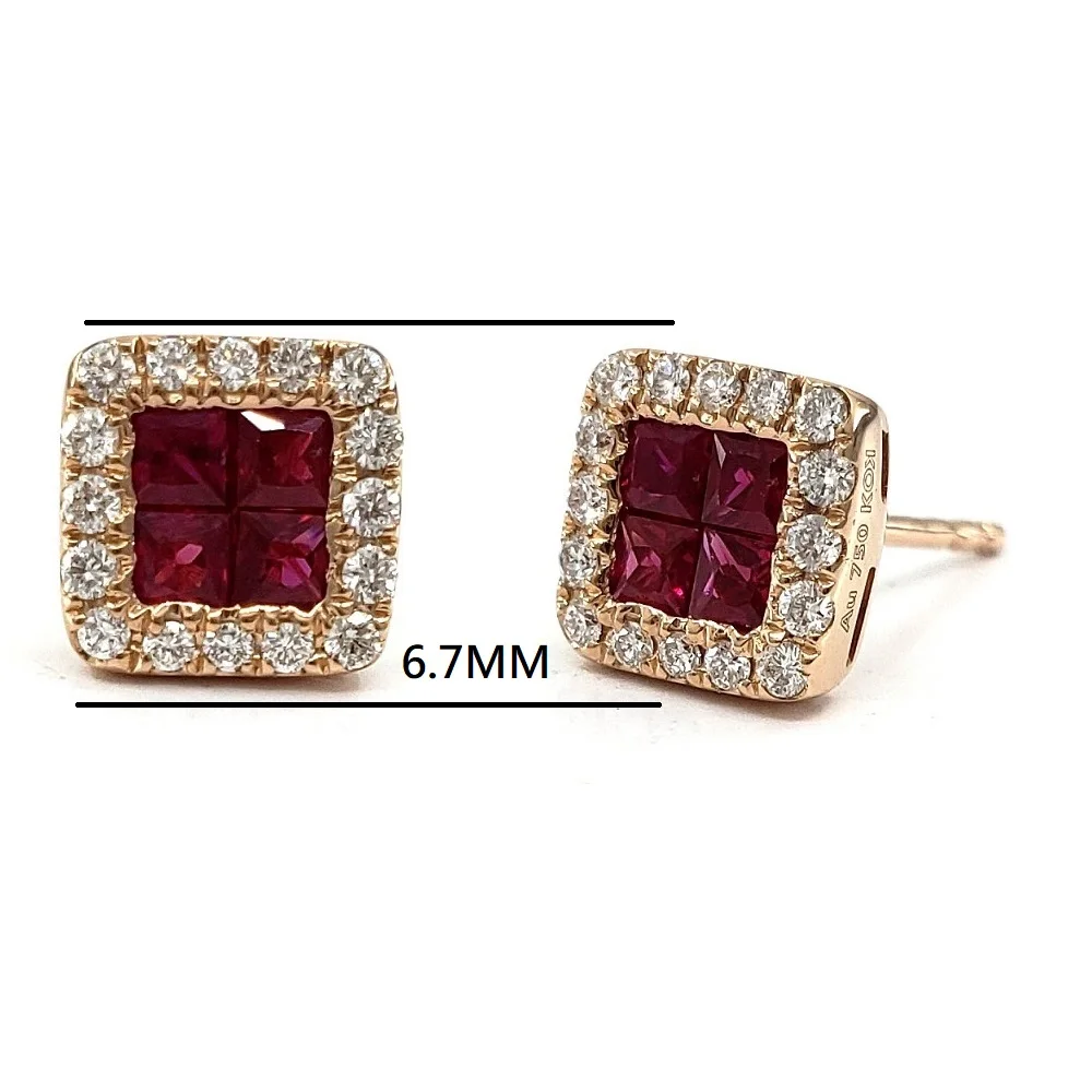 HongKong Good Quality Party Gift 18k Solid Rose Gold Endless Insert Princess Cut Ruby Natural Diamond Stud Earrings For Women