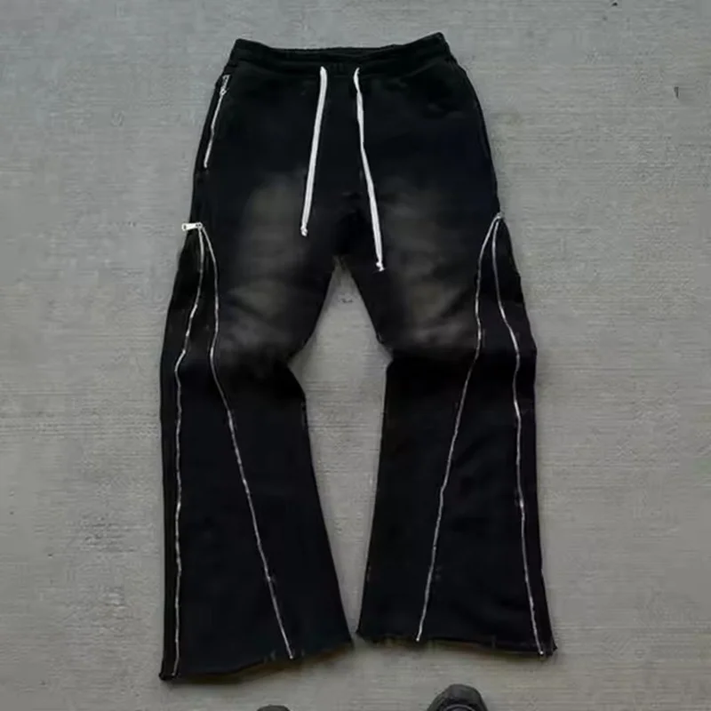 Rainbow Spray Streetwear Custom Sun Faded Flared Sweat Pants Men Zip Up Blank Heavy Cut and Sew Baggy Acid Washed Sweatpants Men