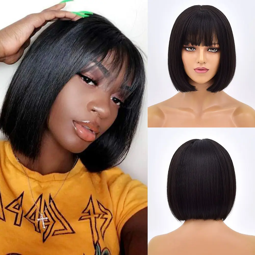 12' short bob black machine made elegant fashion synthetic hair wigs with bangs for women