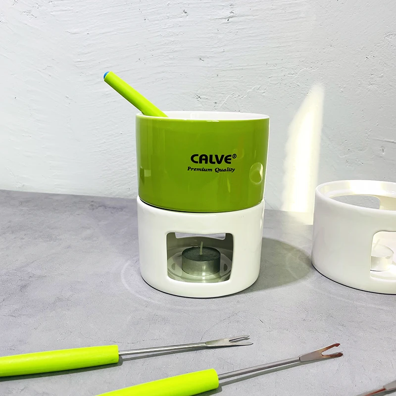 Professional ceramic manufacturer custom  chocolate fondue set with forks candle cheese white ceramic melting pot porcelain