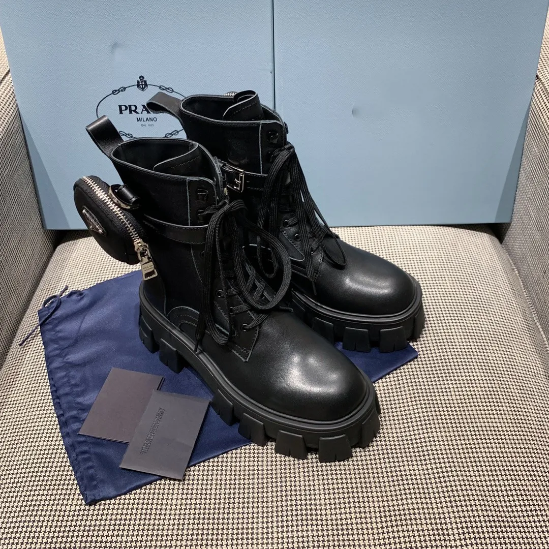 women shoes leather anti-skid zipper-up black martin boots platform black high heel shoes pocket wallet hiking boots