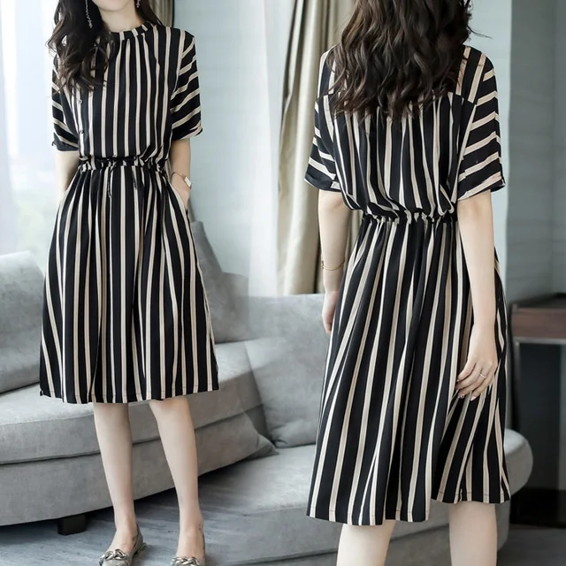 Wholesale Summer Fashion Vertical Drawstring Waist Women Elegant Midi Striped Dress In Stock