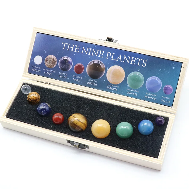 QIURAN Popular 9Planets Solar System Tumbled Stones Healing Crystal Gemstone Ball Set with Wooden box Display Natural Stone Gift
