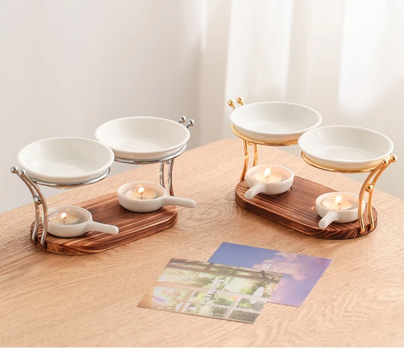 Wood bottom double arc double dish creative aromatherapy stove essential oil heating lamp Wax Melt Burner