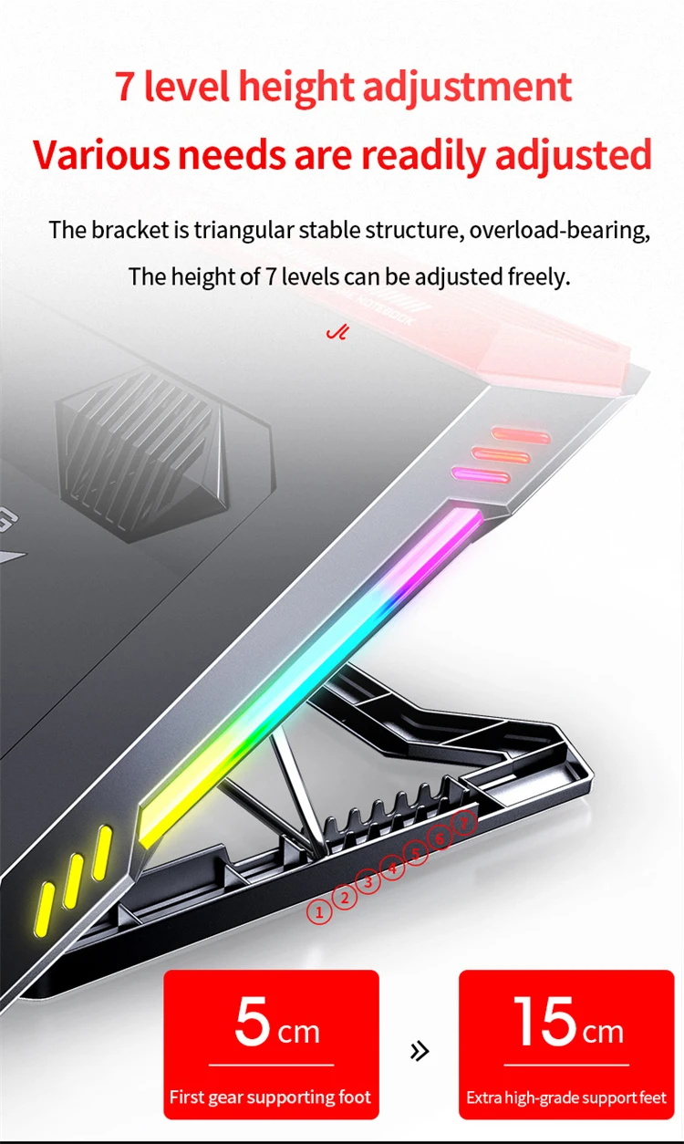 Кулер для ноутбука MC RGB, запатентованный дизайн, охлаждающая подставка для ноутбука 17 дюймов, регулируемый турбоохладитель для ноутбука с 7 углами обзора